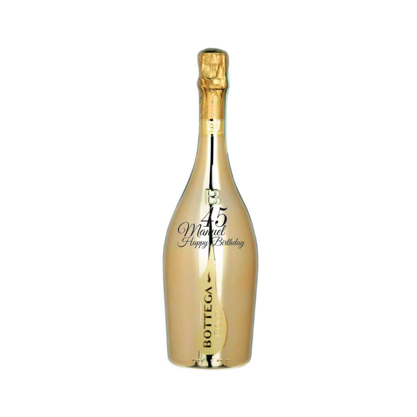 Gold Prosecco-Flasche mit Gravur bis 25 Zeichen