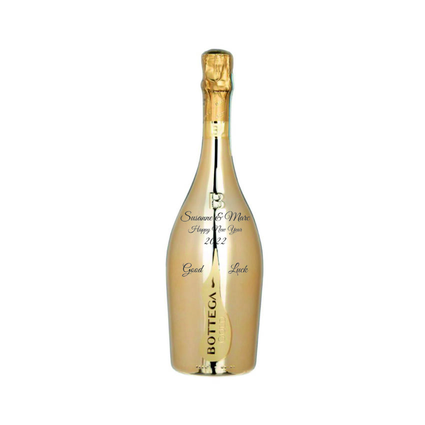 Gold Prosecco-Flasche mit Gravur bis 45 Zeichen